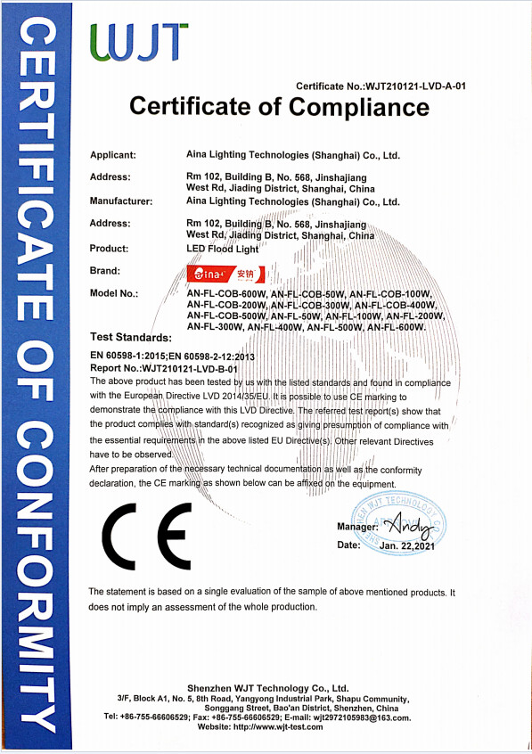 China Aina Lighting Technologies (Shanghai) Co., Ltd Certification